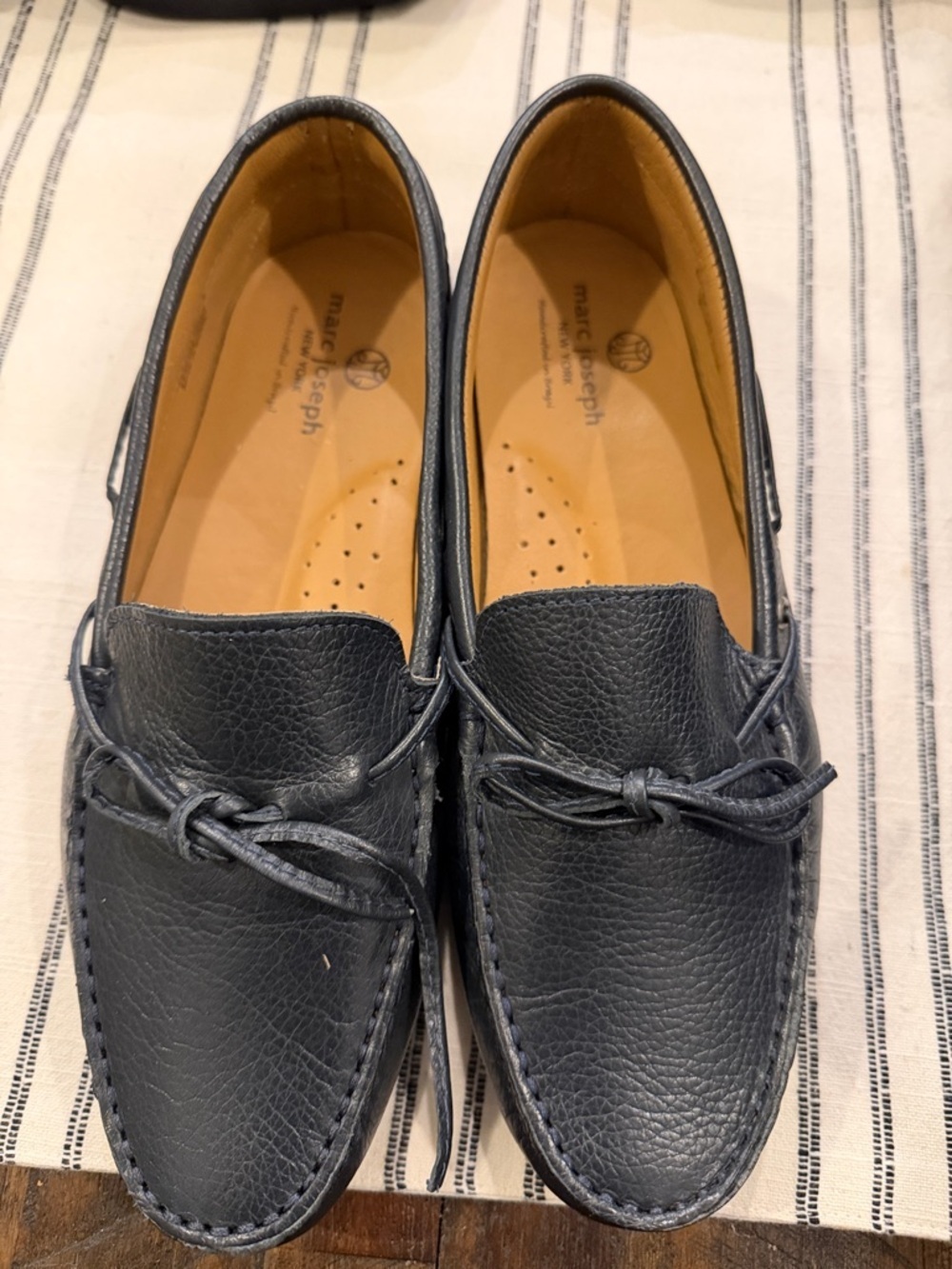 Marc Joseph women's Navy Pebbled Leather Knot-Detail Loafers